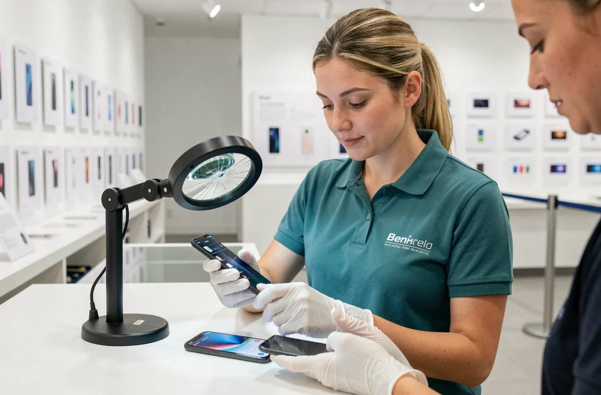 Technicienne de Mobile Care examinant un écran de smartphone fissuré au comptoir de service