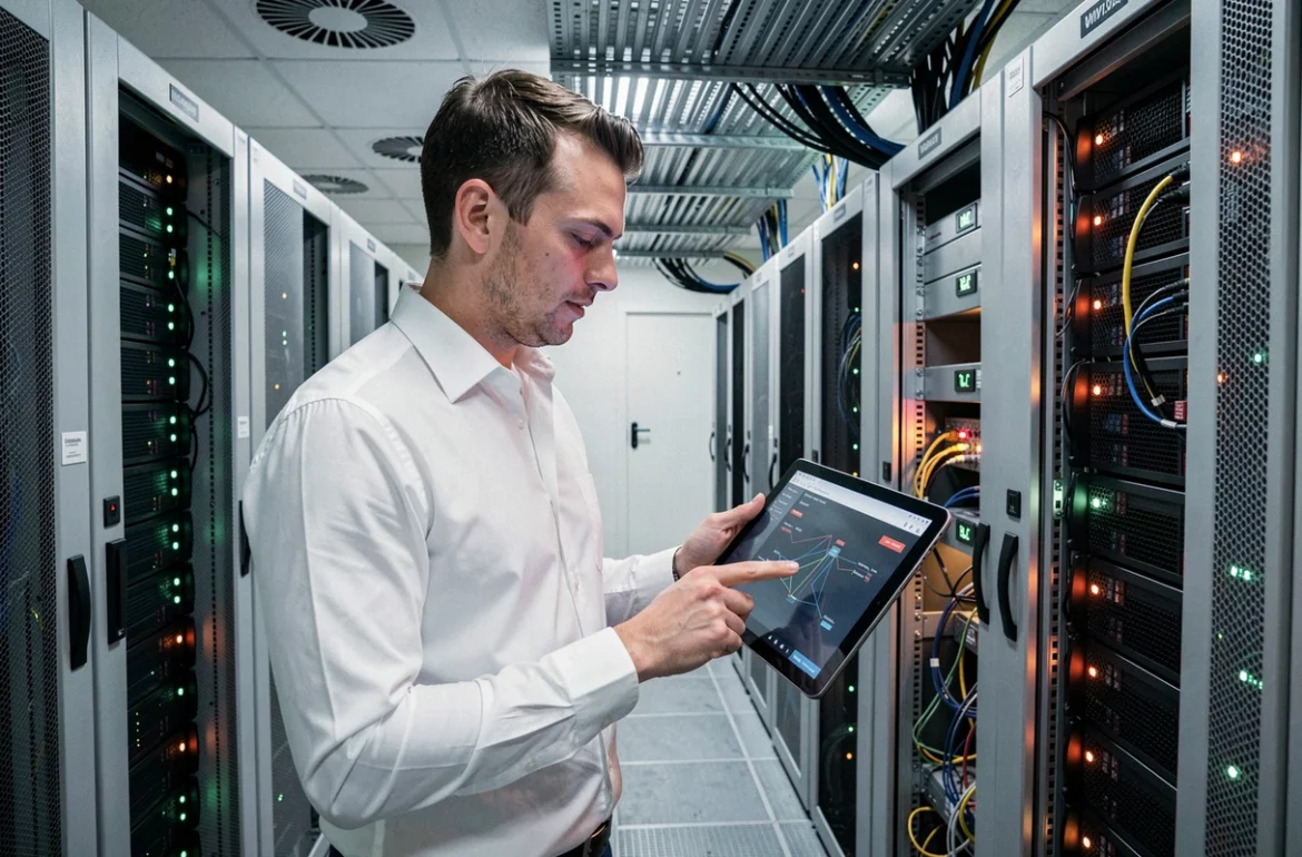 Informaticien d'Orléans Informatique inspectant une salle de serveurs avec tablette de gestion réseau