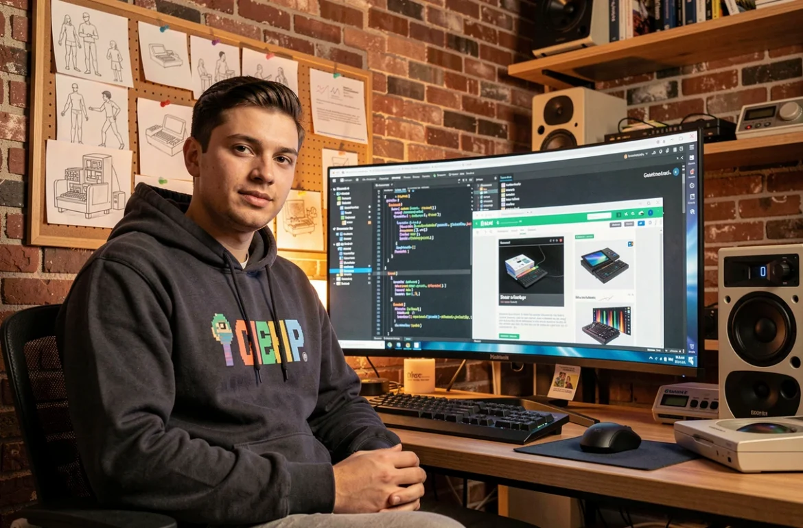 Spécialiste IT de Pixel 404 travaillant sur un éditeur de code et des maquettes web dans un studio créatif