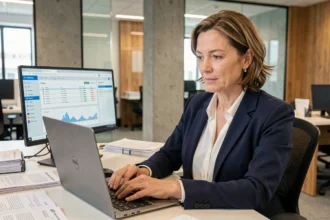 Responsable de PME travaillant sur un ordinateur portable Dell dans un bureau moderne, illustrant les solutions Dell pour les petites et moyennes entreprises