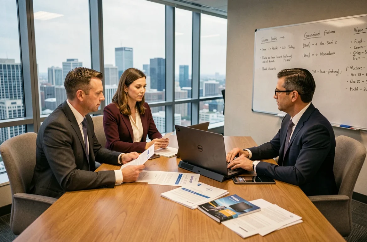 Réunion entre dirigeants de PME et représentant Dell pour discuter des solutions de financement et des garanties matérielles