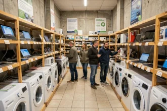 Vue intérieure d'un magasin de matériel reconditionné dans le Grand Est avec des rayons d'appareils électroniques et électroménagers d'occasion