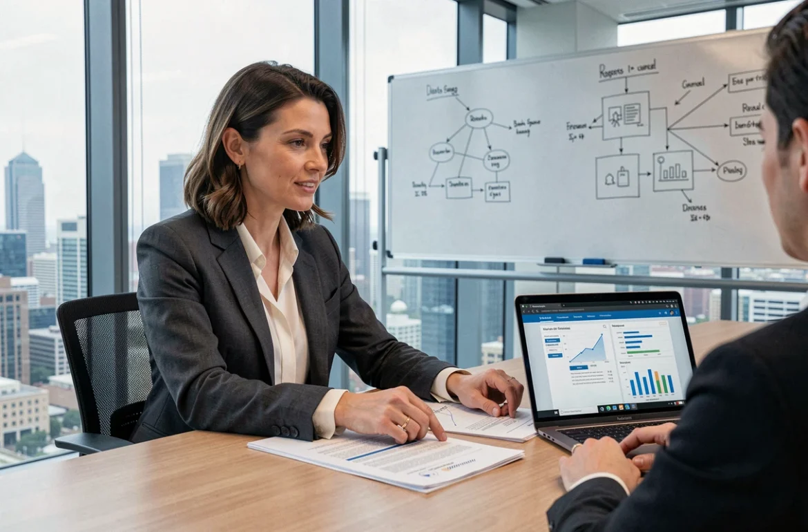 Consultante de Senexpertise Consulting présentant un audit informatique à un client en salle de réunion