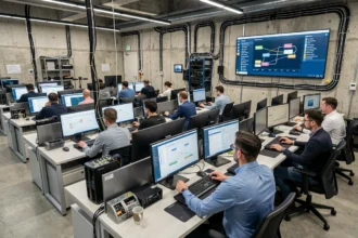 Vue d'ensemble d'un bureau informatique moderne dans le Loiret avec techniciens au travail