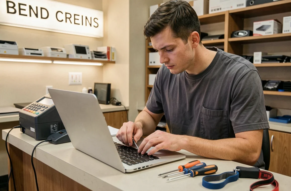Technicien Technofix démontant un ordinateur portable sur son comptoir de réparation