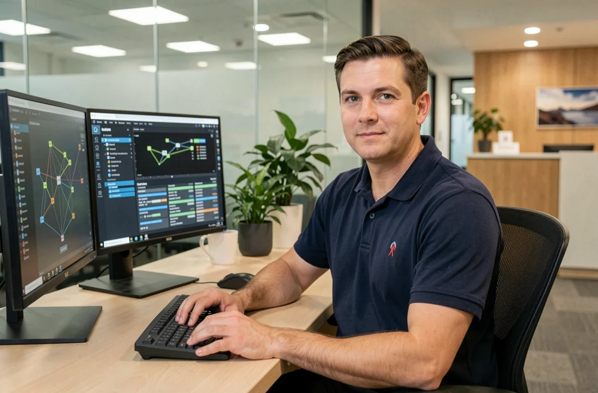Technicien professionnel de Télécom Computer Services TCS Loiret devant ses écrans de supervision réseau