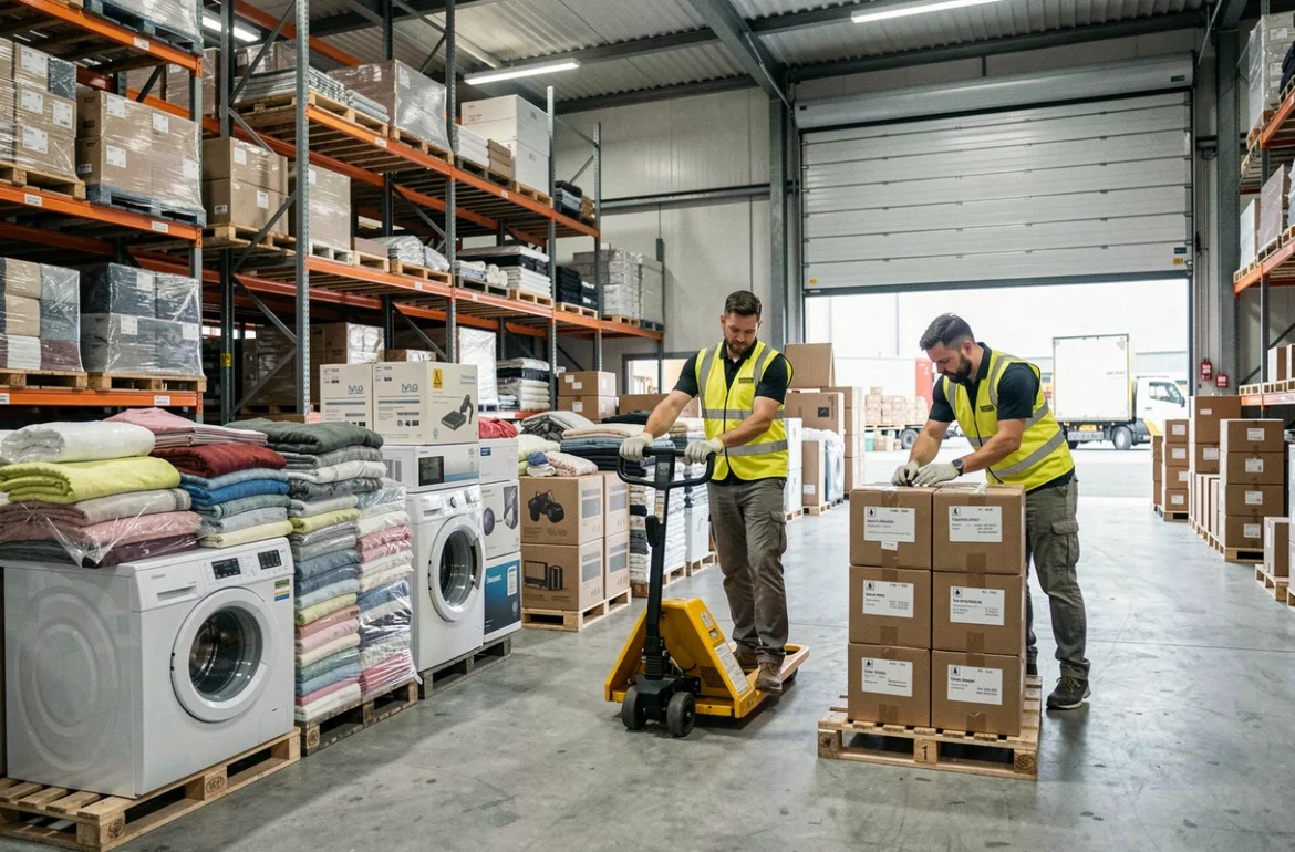 Travailleurs de Titi International à Illkirch-Graffenstaden triant des marchandises de réemploi sur des palettes dans un entrepôt d'export