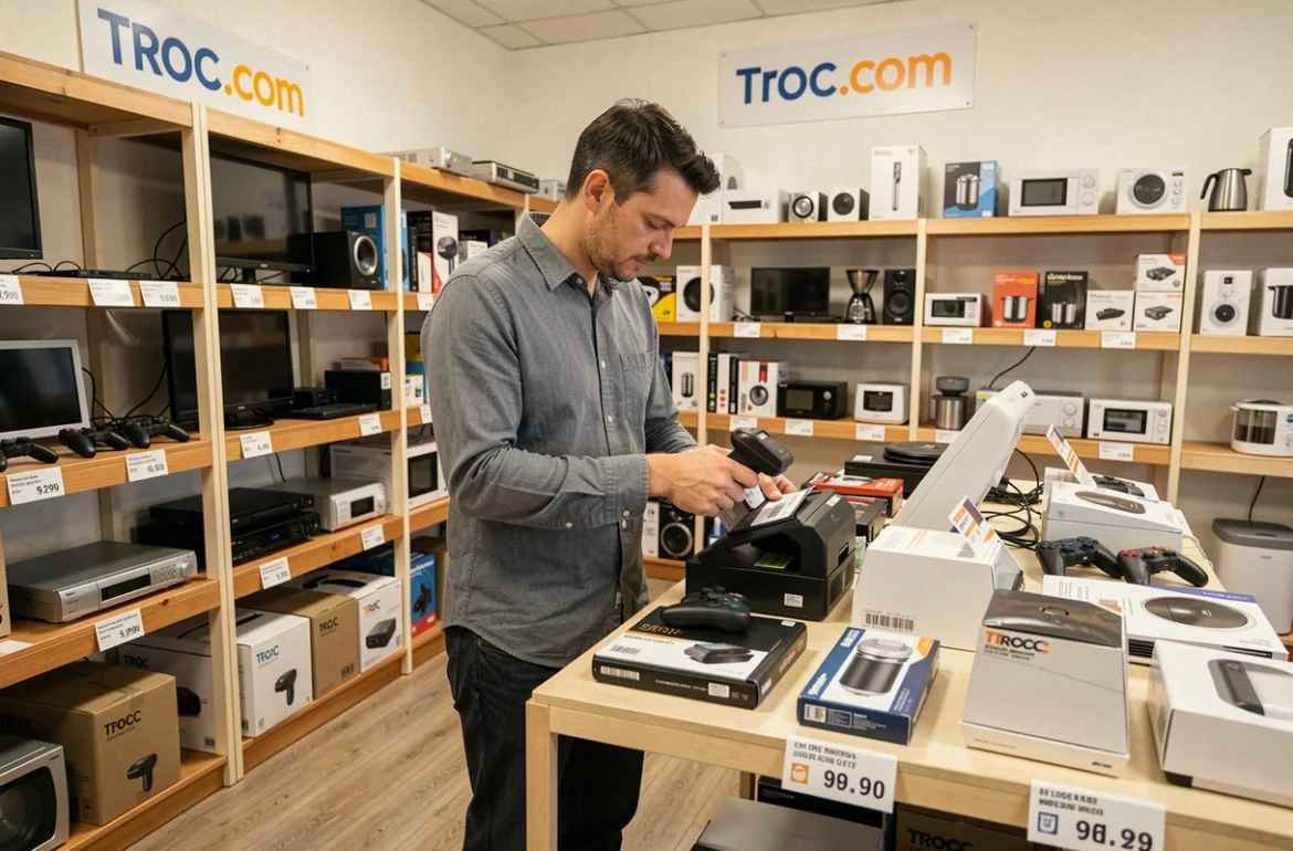 Employé de Troc.com Richwiller enregistrant un article déposé par un particulier dans le magasin multimédia et équipement