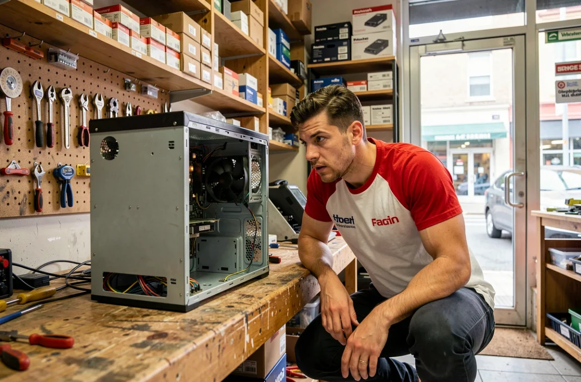 Technicien d'Urgence PC 45 en train de réparer un ordinateur de bureau dans son atelier