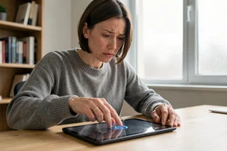 Femme appuyant sur le bouton ON OFF d'une tablette avec une expression incertaine, se demandant si l'appareil est vraiment éteint